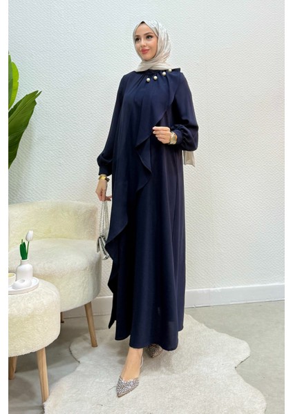 Krep Kumaş Yakası Inci Detaylı Levanur Elbise- Lacivert