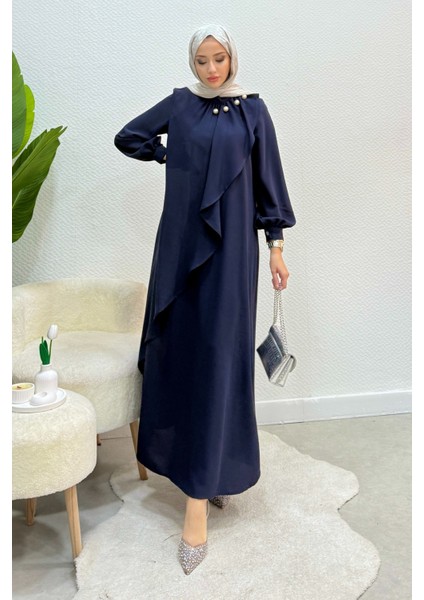 Krep Kumaş Yakası Inci Detaylı Levanur Elbise- Lacivert fiyatları