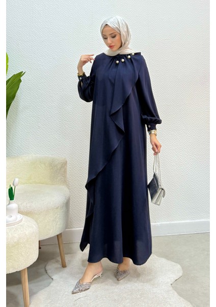 Krep Kumaş Yakası Inci Detaylı Levanur Elbise- Lacivert modelleri