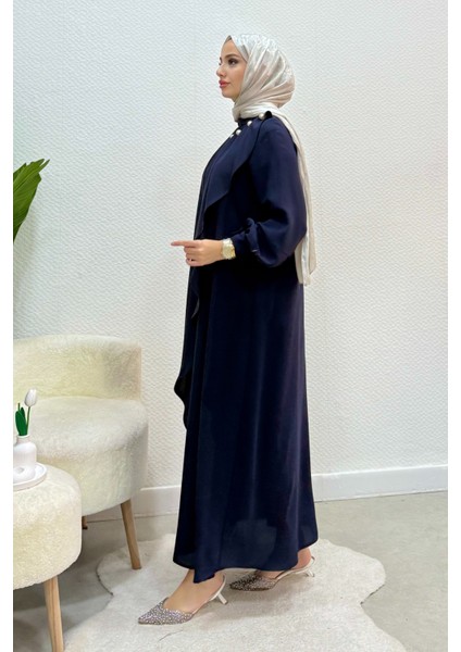 Krep Kumaş Yakası Inci Detaylı Levanur Elbise- Lacivert fırsatları