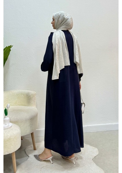 Krep Kumaş Yakası Inci Detaylı Levanur Elbise- Lacivert indirimleri