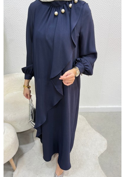 Krep Kumaş Yakası Inci Detaylı Levanur Elbise- Lacivert