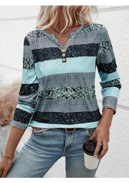 Kadın Uzun Kollu Yakadan Düğmeli Çizgili Desenli Süprem Bluz