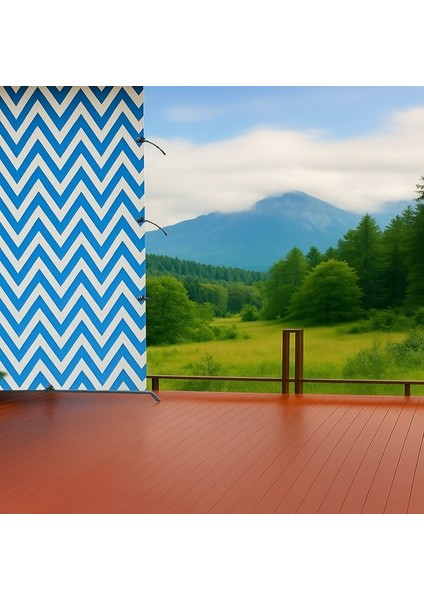 Bağcıklı Halkalı Kornişli Mavi-Beyaz Zikzak Desenli Su Geçirmez Balkon Perdesi Gölgelik Branda indirimleri