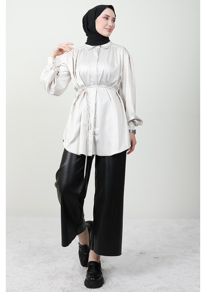 Gizli Düğmeli Saten Gömlek Taş