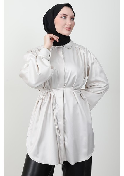Gizli Düğmeli Saten Gömlek Taş indirimleri