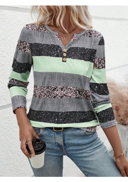Kadın Uzun Kollu Yakadan Düğmeli Çizgili Desenli Süprem Bluz modelleri