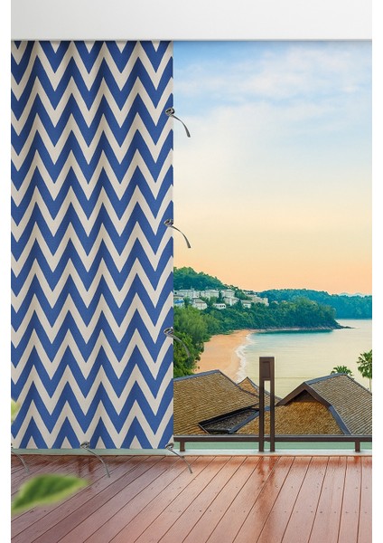 Bağcıklı Halkalı Kornişli Mavi-Beyaz Zikzak Desenli Su Geçirmez Balkon Perdesi Gölgelik Branda modelleri