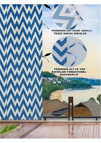 Bağcıklı Halkalı Kornişli Mavi-Beyaz Zikzak Desenli Su Geçirmez Balkon Perdesi Gölgelik Branda