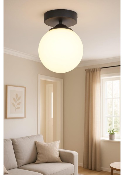 Mine Tekli Siyah Plafonyer Mutfak Koridor Avize Beyaz Camlı