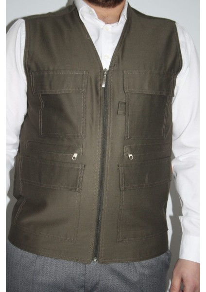 Erkek Haki Çok Cepli Yazlık Yelek