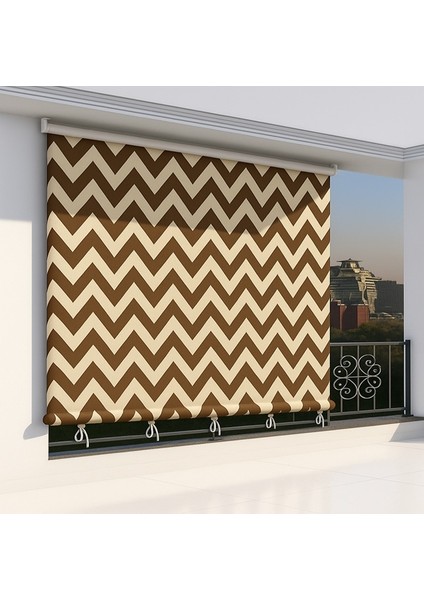 Bağcıklı Halkalı Kornişli Kahve-Krem Zikzak Desenli Su Geçirmez Balkon Perdesi Gölgelik Branda fırsatları