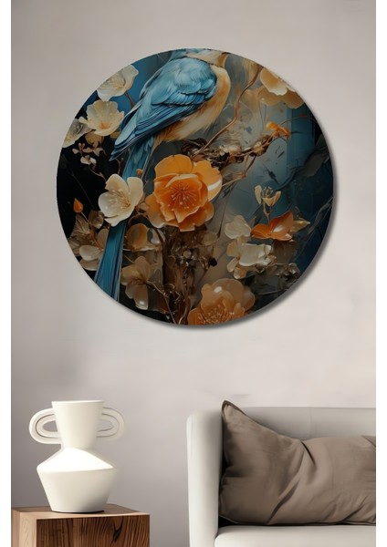 Mavi Kuş Çiçek Bahçesi Dekoratif Ahşap Mdf Yuvarlak