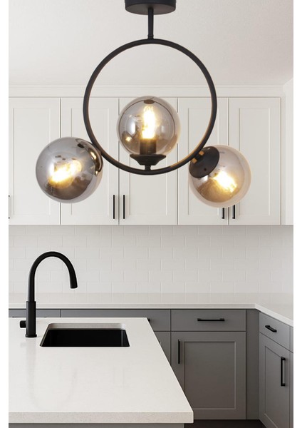 Evren 3 Lü Siyah Avize Füme Camlı Yatak Odası Mutfak Salon Hol Koridor Avize