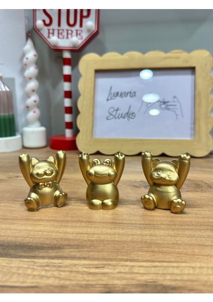 Mini 3'lü Gold Detaylı Hayvan Figürlü Kartlık & Fotoğraflık - Masaüstü Fotoğraf Tutucu - Kart Tutucu