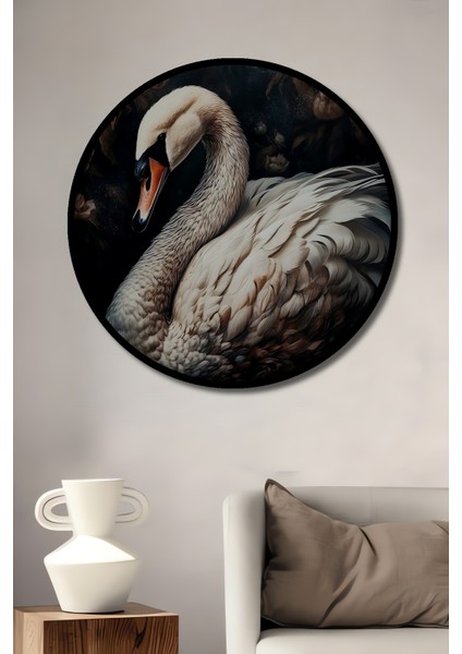 Çerçeve Görünümlü Zarif Kuğu Dekoratif Ahşap Mdf Yuvarlak