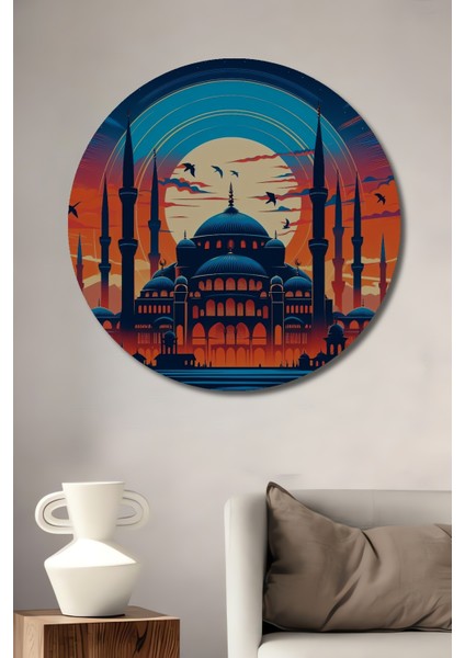 Mavi Cami Sihirli Günbatımı Dekoratif Ahşap Mdf Yuvarlak