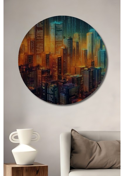 Fütüristik Şehir Manzarası Dekoratif Ahşap Mdf Yuvarlak