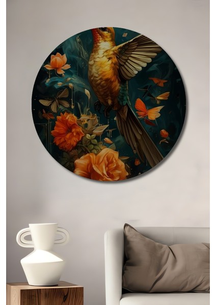 Sihirli Çiçekler ve Kuş Dekoratif Ahşap Mdf Yuvarlak