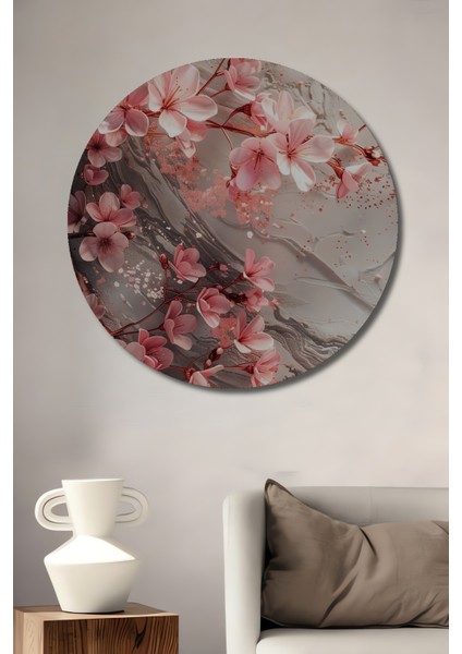 Pembe Çiçekli Dekoratif Ahşap Mdf Yuvarlak