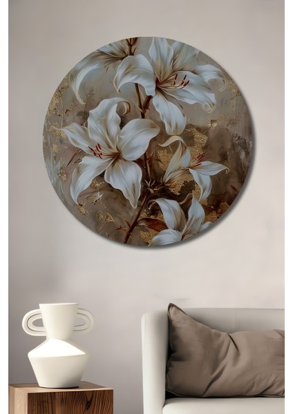 Zarif Beyaz Zambaklar Ahşap Mdf Dekoratif Yuvarlak