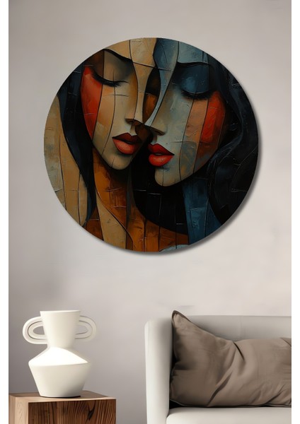Iki Kadının Soyut Tutkusu Dekoratif Ahşap Mdf Yuvarlak