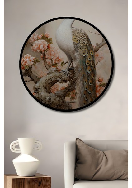 Çerçeve Görünümlü Görkemli Tavus Kuşu Dekoratif Ahşap Mdf Yuvarlak