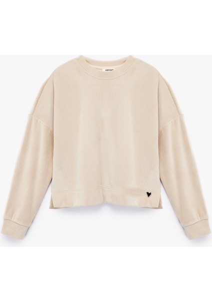 Uzun Kollu Bisiklet Yaka Kalp Detaylı Fitilli Sweatshirt