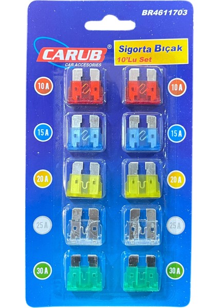 Bıçak Sigorta Seti Karışık Amper 10A 15A 20A 25A 30A (10'lu)