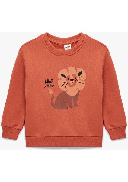 Aslan Baskılı Uzun Kollu Bisiklet Yaka Sweatshirt