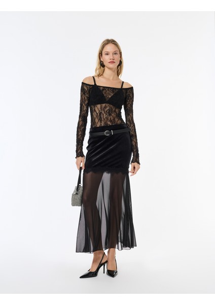 Dantelli Tül Detaylı Kadife Etek