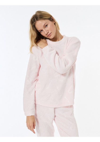 Yılbaşı Temalı Uzun Kollu Bisiklet Yaka Peluş Pijama Üstü fırsatları