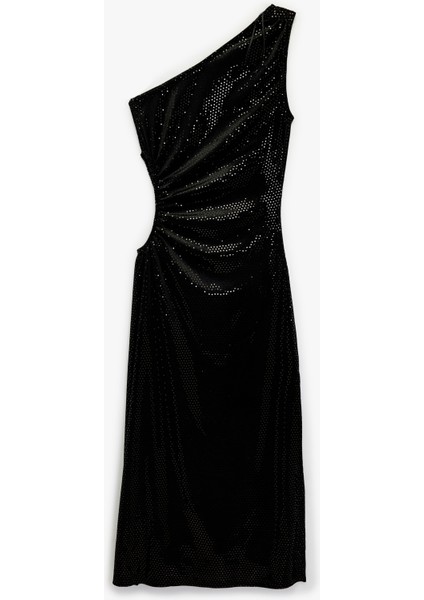 Kolsuz Kayık Yaka Slim Fit Metal Aksesuarlı Payetli Midi Abiye Elbise fiyatları
