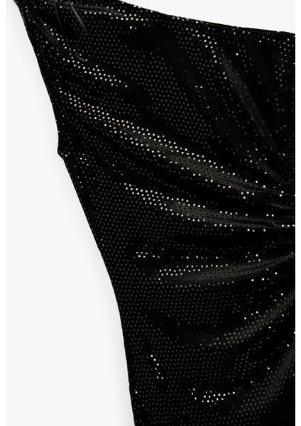 Kolsuz Kayık Yaka Slim Fit Metal Aksesuarlı Payetli Midi Abiye Elbise modelleri