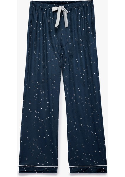 Yıldız Desenli Beli Bağcıklı Bol Paça Kadife Pijama Altı