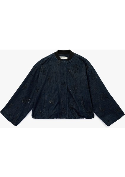 Çıtçıt Düğmeli Taş Detaylı Uzun Kollu Dik Yaka Denim Ceket