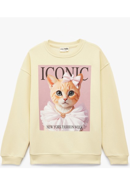 Uzun Kollu Bisiklet Yaka Oversize Kedi Baskılı Sweatshirt