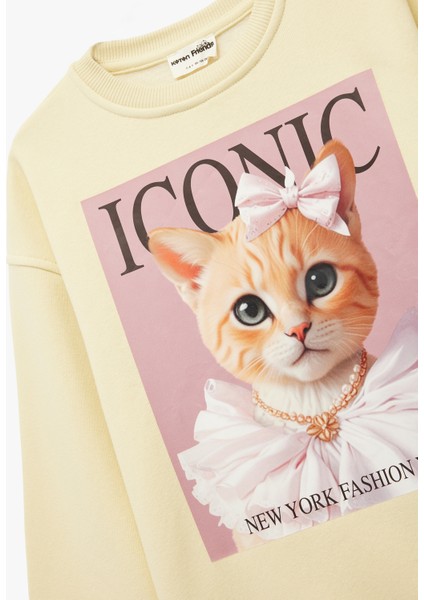 Uzun Kollu Bisiklet Yaka Oversize Kedi Baskılı Sweatshirt modelleri