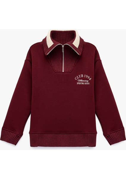 Uzun Kollu Nakışlı Renk Kontrastlı Oversize Yarım Fermuarlı Sweatshirt