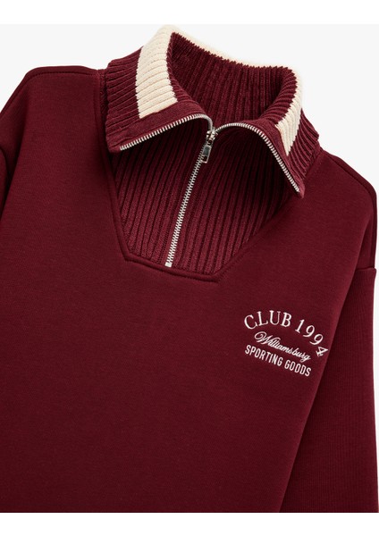 Uzun Kollu Nakışlı Renk Kontrastlı Oversize Yarım Fermuarlı Sweatshirt modelleri