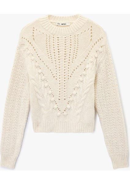 Uzun Kollu Ajurlu Bisiklet Yaka Dokulu Saç Örgü Kazak