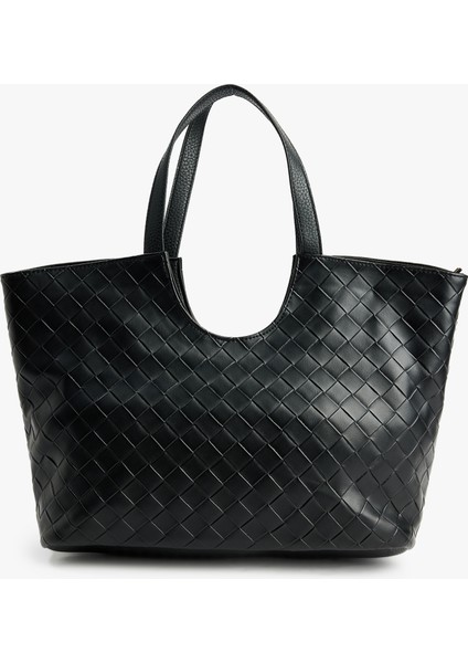 Örgü Dokulu Fermuarlı Saplı Büyük Tote Çanta