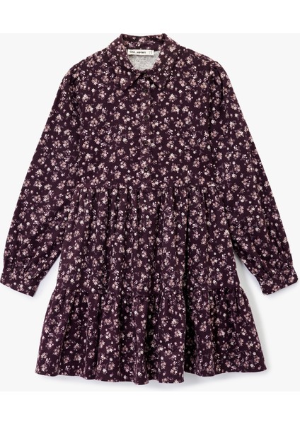 Rahat Kalıp Uzun Kollu Gömlek Yaka Mini Çiçekli Pazen Elbise