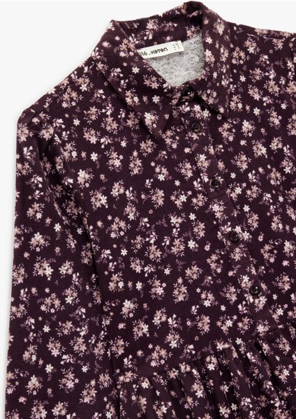 Rahat Kalıp Uzun Kollu Gömlek Yaka Mini Çiçekli Pazen Elbise modelleri