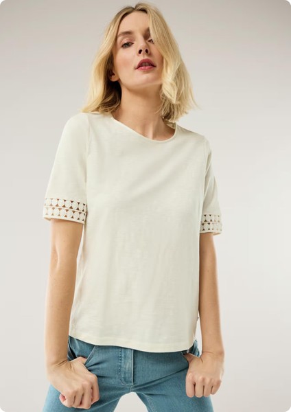 Walbusch 43-5957 / 890.947 / 280 Acık Yaka Kol Ucu Dantel Dıkıslı Kısa Kol Tsh