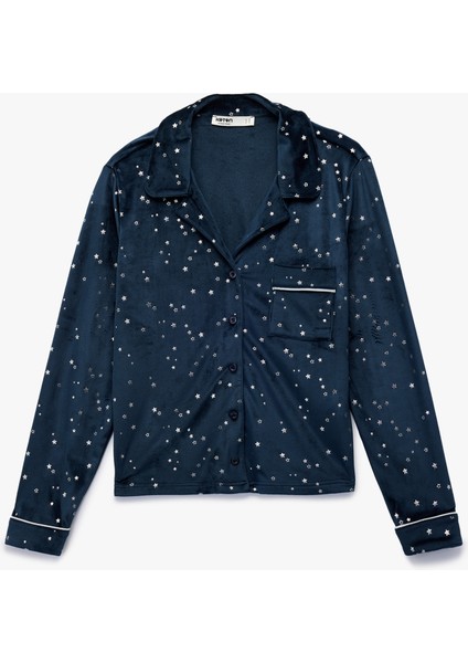 Rahat Kalıp Uzun Kollu Gömlek Yaka Yıldızlı Kadife Pijama Üstü