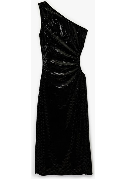 Kolsuz Kayık Yaka Slim Fit Metal Aksesuarlı Payetli Midi Abiye Elbise