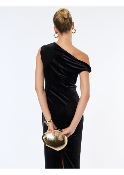 Kolsuz Kayık Yaka Slim Fit Metal Aksesuarlı Payetli Midi Abiye Elbise indirimleri