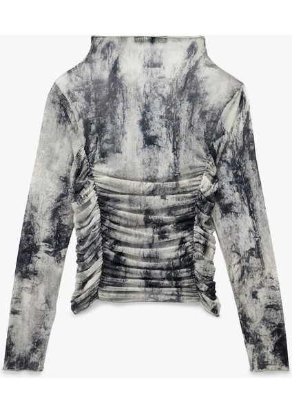 Slim Fit Uzun Kollu Geniş Dik Yaka Drape Detaylı Desenli Tişört