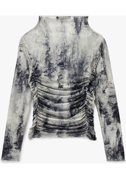 Slim Fit Uzun Kollu Geniş Dik Yaka Drape Detaylı Desenli Tişört fiyatları